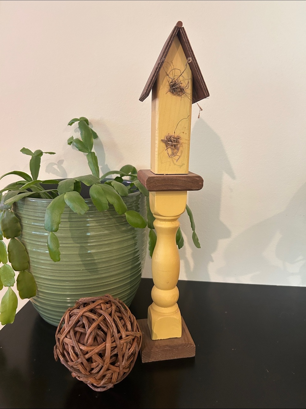 Yellow and Brown Wooden Birdhouse Pedestal Accent